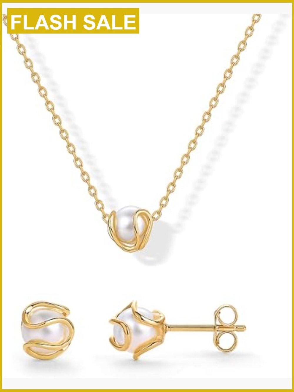 14K Gold Plated Round Shell Pearl Necklace and Earring Set - Pendant & Caged
